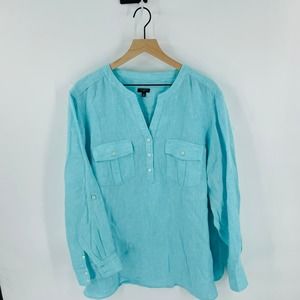 Talbots Plus Light Teal 100% Linen Two-Pocket Long Sleeve Shirt Size 3X